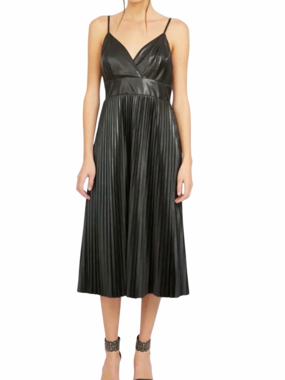 Faux-Leather Black Pleated Midi Dress with Spaghetti Straps